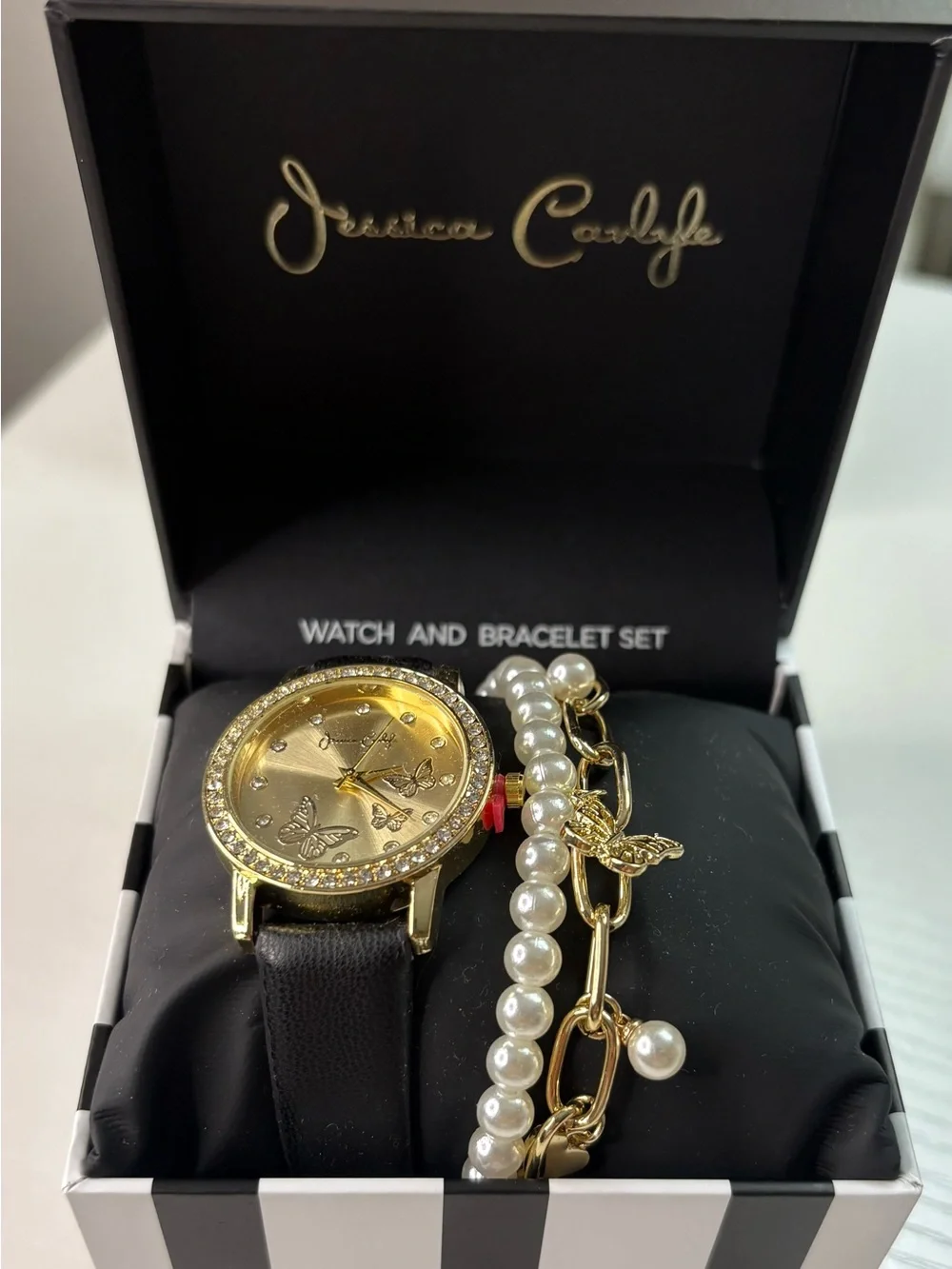 Gold Butterfly Watch & Pearl Bracelet Set - Black Strap